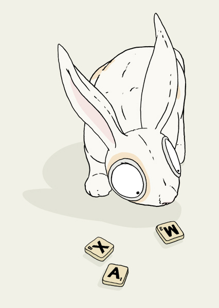 Buch, Titel, Hase, der an Scabble-Steinen schnüffelt.