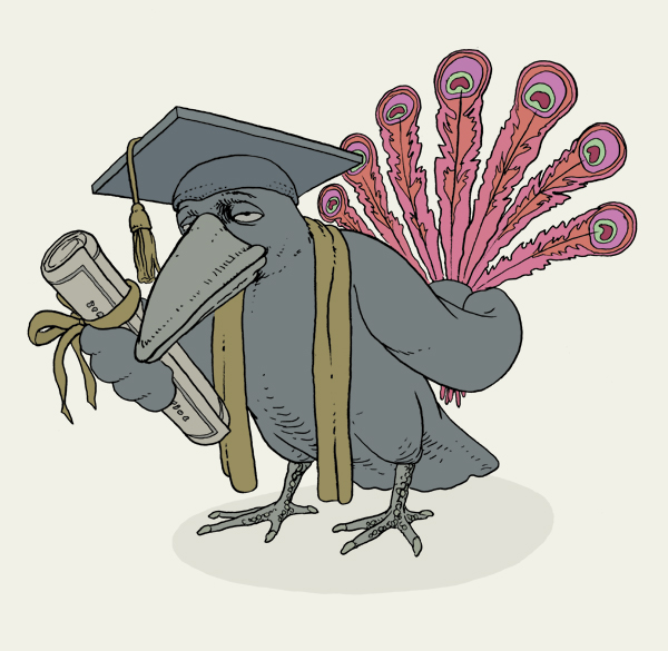 Mit fremden Federn, Vogel mit Doktorhut, der sich mit fremden Federn schmückt.
