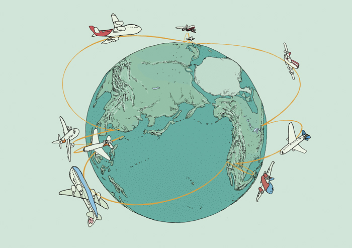 Auf die billige Tour, Reisen, Flugzeug, fliegen, Billigflieger, einmal um die Welt, Airlines, Billig-Airlines, Weltkugel.