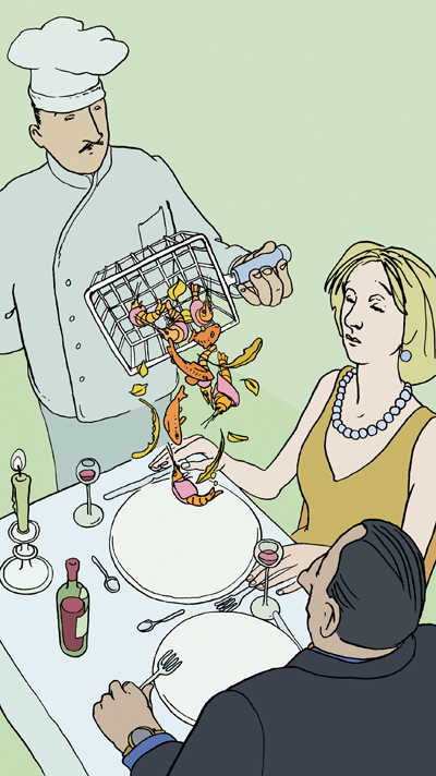 Kochmoden, Koch bringt seltsames Essen an den Tisch.