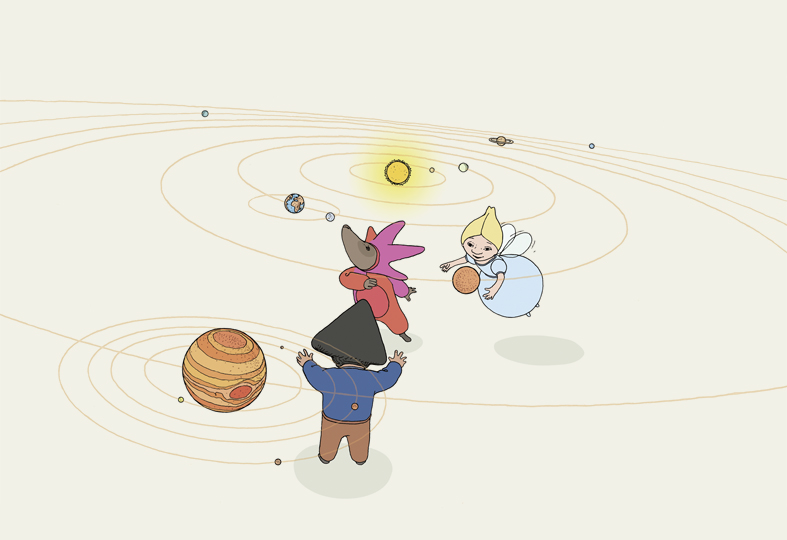 Auf, zum Mond! Seite 5, Leonur, Manapi und Nubbur betrachten das Sonnensystem.