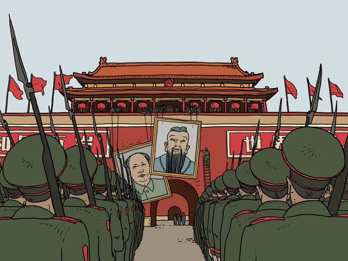 Wird Mao von Konfuzius abgelöst?, Chinesische Soldaten hängen am Platz des Himmlischen Friedens das Bildnis Maos ab und ersetzen es durch das von Konfuzius.