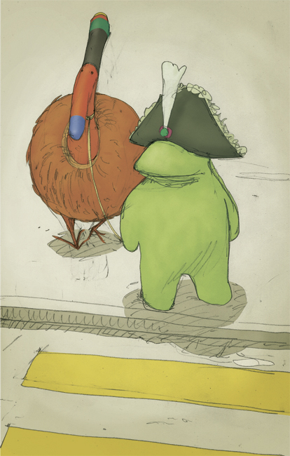 Am Zebrastreifen, Zwei, die warten, bis sie die Strasse auf dem Fussgängerstreifen überqueren können.